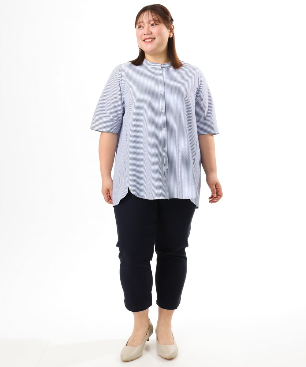 OLBGD26099 eur3(エウルキューブ) 【WEB先行販売】【大きいサイズ】サッカーストライプブラウス ブルー