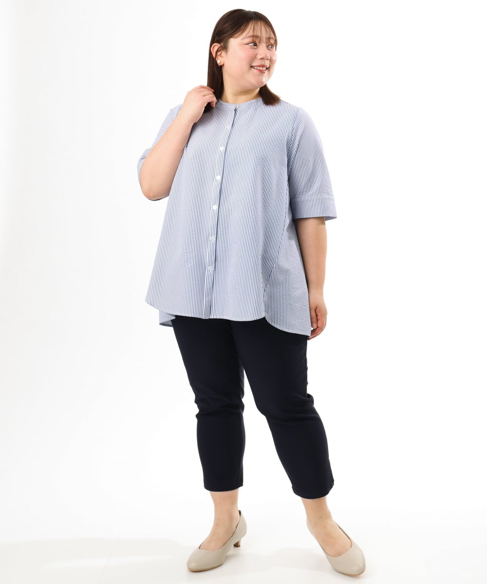 OLBGD26099 eur3(エウルキューブ) 【WEB先行販売】【大きいサイズ】サッカーストライプブラウス ブルー