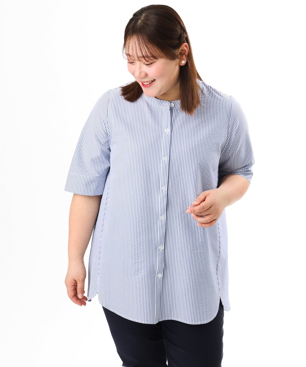 OLBGD26099 eur3(エウルキューブ) 【WEB先行販売】【大きいサイズ】サッカーストライプブラウス ブルー