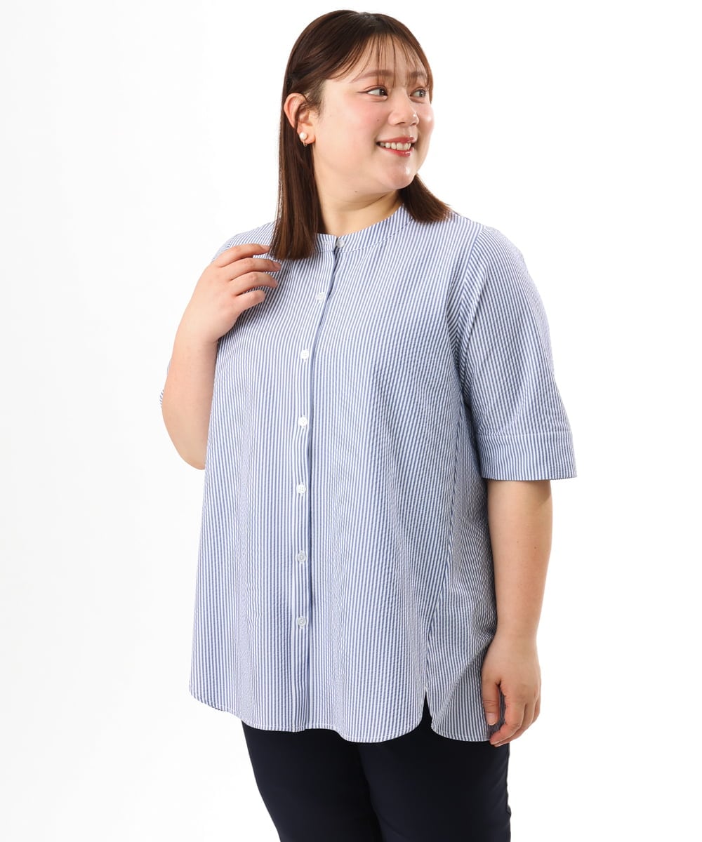 OLBGD26099 eur3(エウルキューブ) 【WEB先行販売】【大きいサイズ】サッカーストライプブラウス ブルー