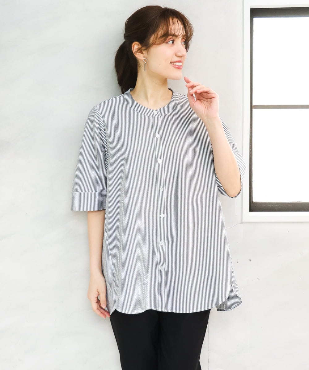 OLBGD26099 eur3(エウルキューブ) 【WEB先行販売】【大きいサイズ】サッカーストライプブラウス ブラック