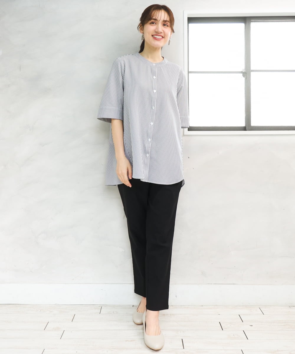 OLBGD26099 eur3(エウルキューブ) 【WEB先行販売】【大きいサイズ】サッカーストライプブラウス ブラック