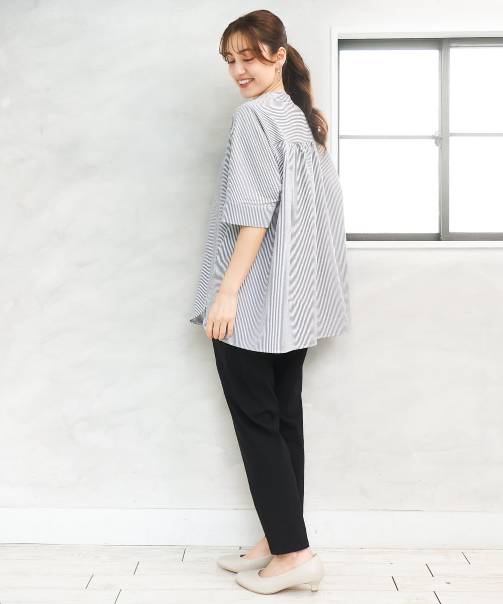 OLBGD26099 eur3(エウルキューブ) 【WEB先行販売】【大きいサイズ】サッカーストライプブラウス ブラック