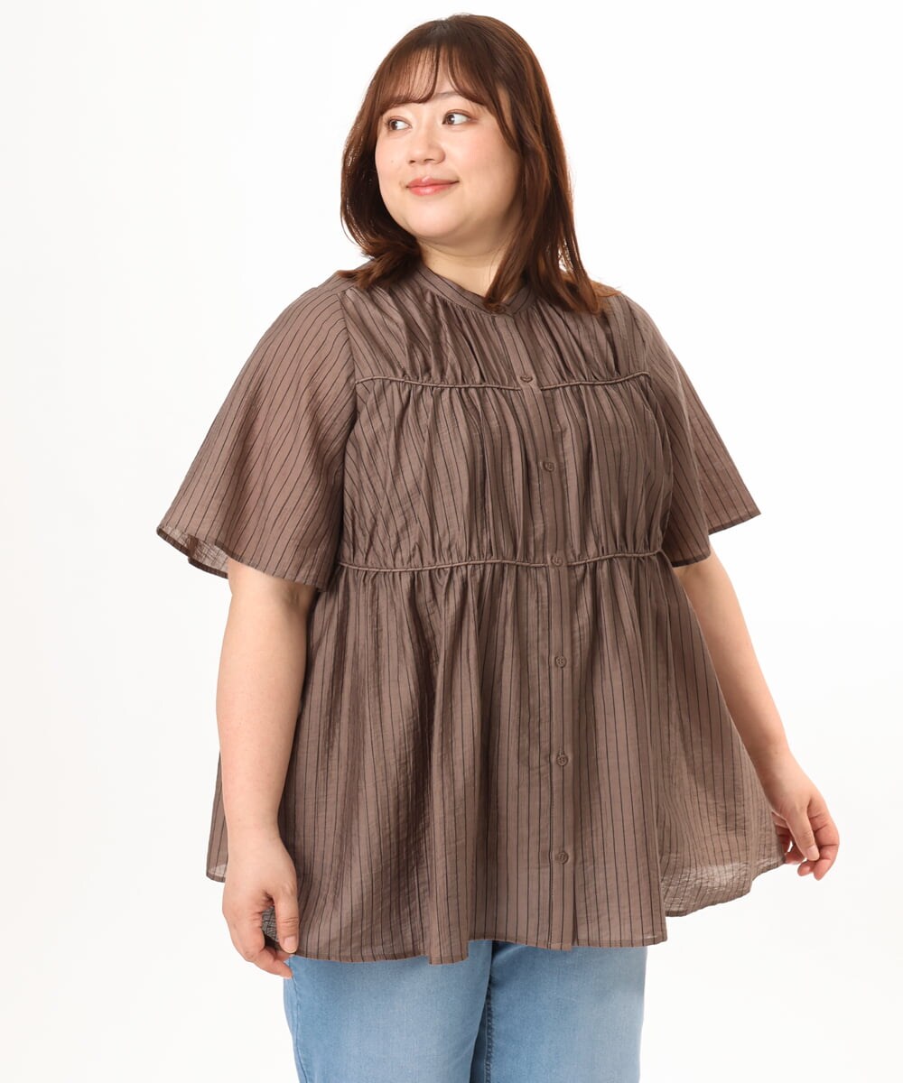 OLBGD33099 eur3(エウルキューブ) 【WEB先行販売】【大きいサイズ】シア―ストライプブラウス ダークブラウン