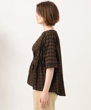 OLBGD34099 eur3(エウルキューブ) 【大きいサイズ】ギンガムチェックギャザーブラウス ダークブラウン