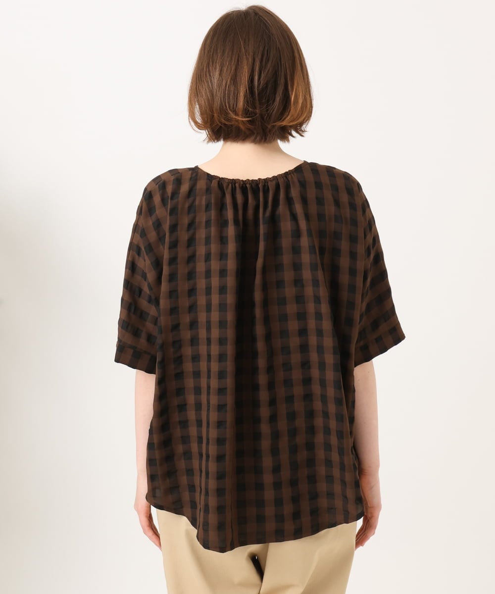 OLBGD34099 eur3(エウルキューブ) 【大きいサイズ】ギンガムチェックギャザーブラウス ダークブラウン