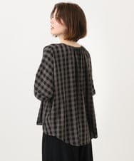 OLBGD34099 eur3(エウルキューブ) 【大きいサイズ】ギンガムチェックギャザーブラウス グレー