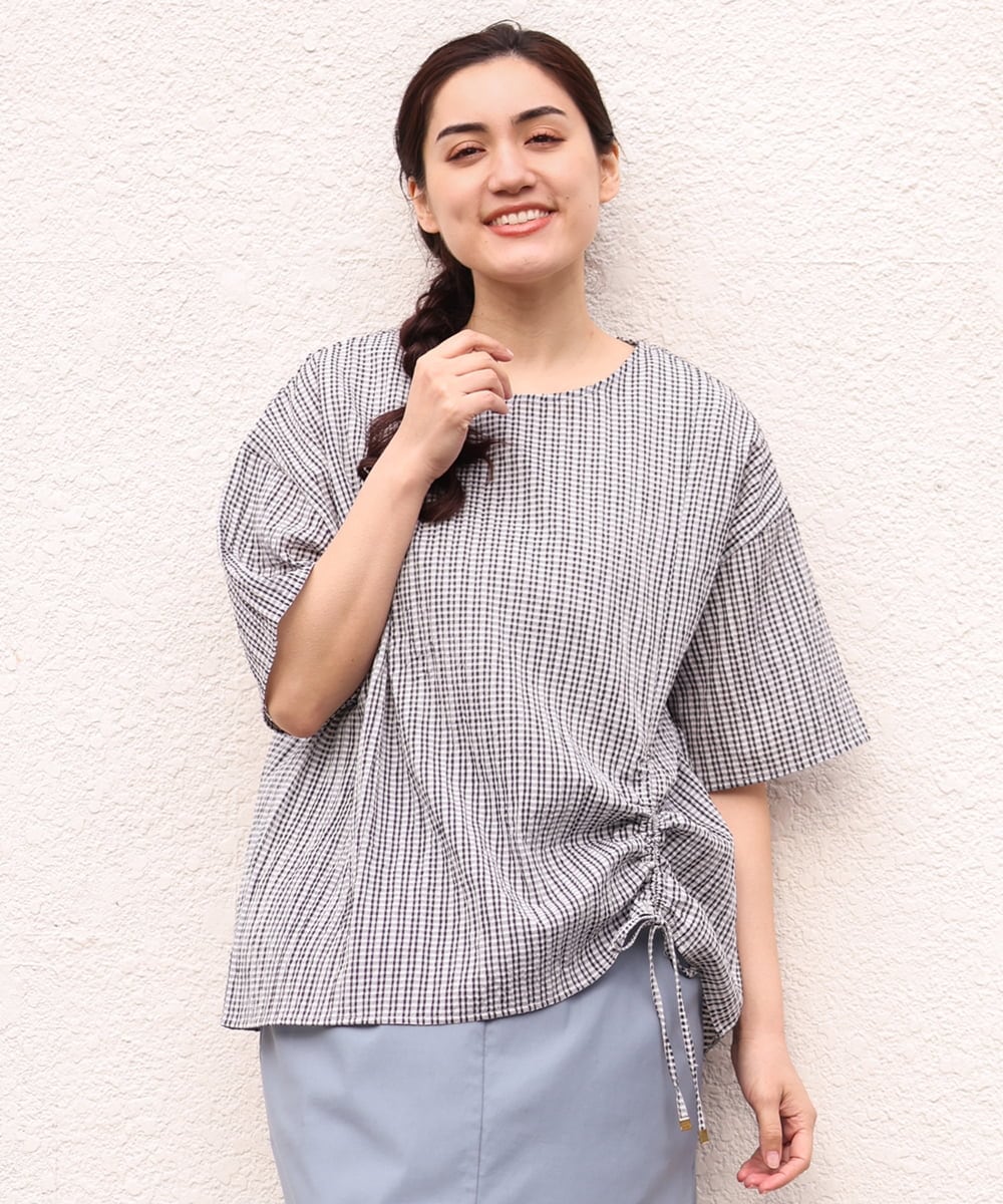 OLBGS39070 eur3(エウルキューブ) 【大きいサイズ/11号サイズあり】シアーチェックスピンドルブラウス ブラック(94)