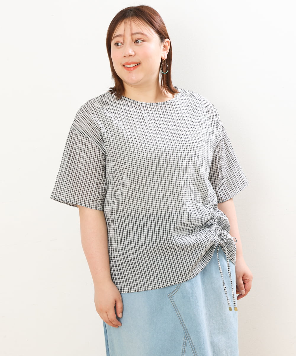 OLBGS39070 eur3(エウルキューブ) 【大きいサイズ/11号サイズあり】シアーチェックスピンドルブラウス ブラック(94)