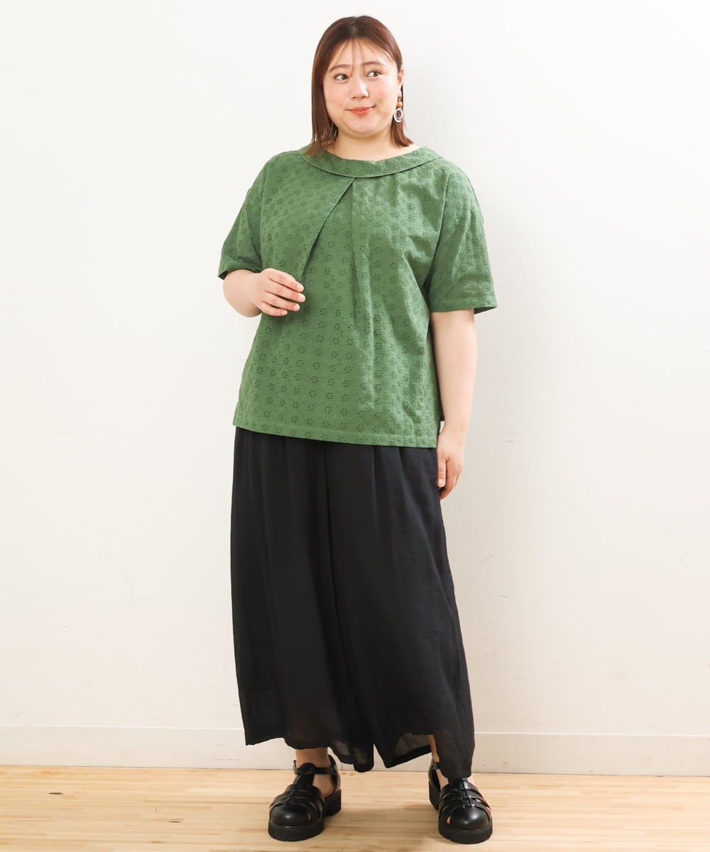 OLBGS40090 eur3(エウルキューブ) 【大きいサイズ/soso×eur3】2Wayオーバーレースブラウス グリーン(35)