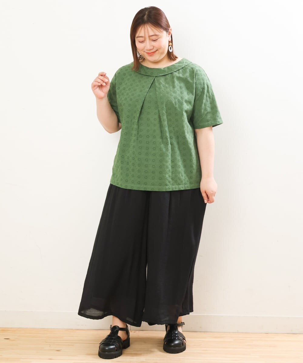 OLBGS40090 eur3(エウルキューブ) 【大きいサイズ/soso×eur3】2Wayオーバーレースブラウス グリーン(35)