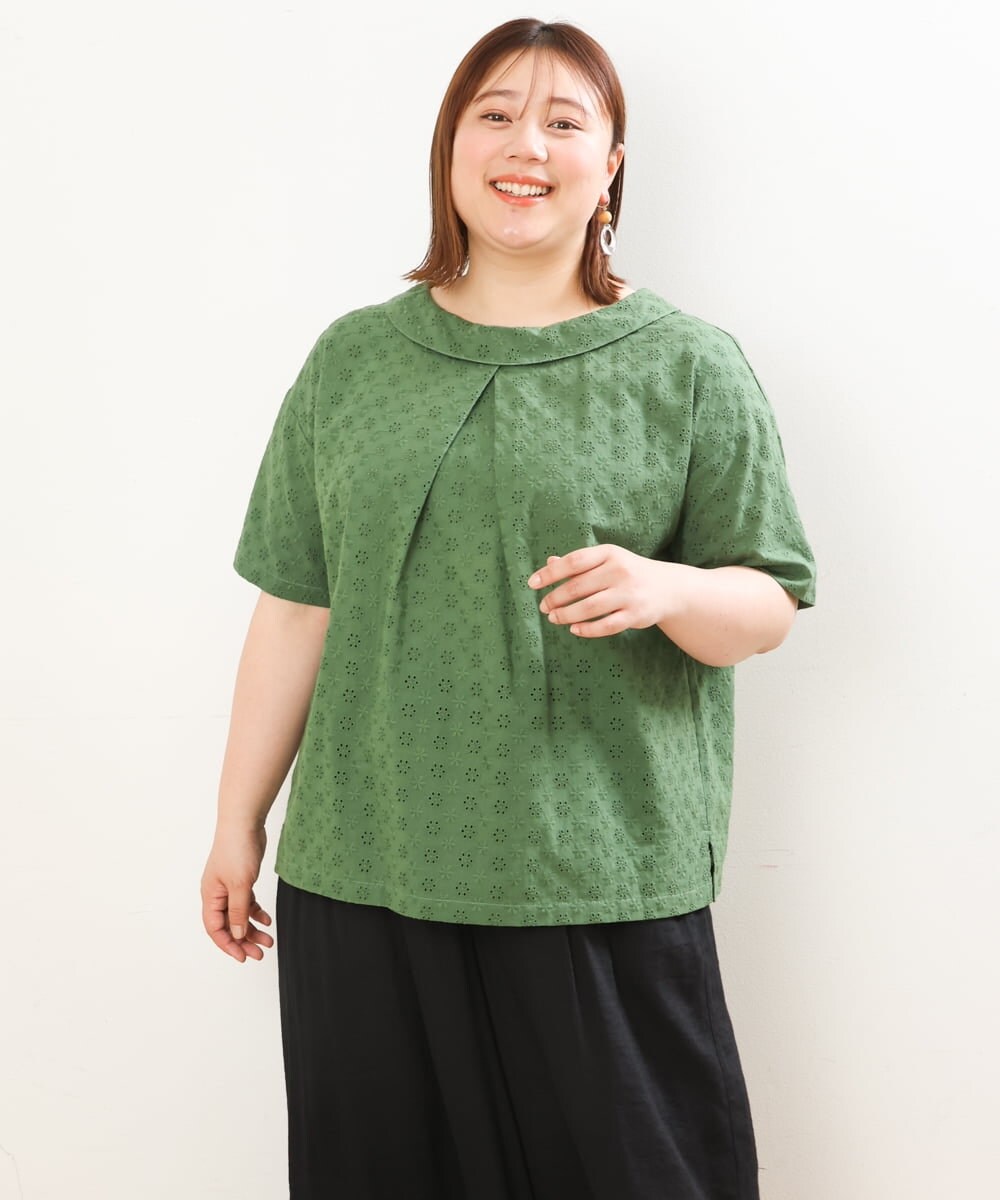 OLBGS40090 eur3(エウルキューブ) 【大きいサイズ/soso×eur3】2Wayオーバーレースブラウス グリーン(35)