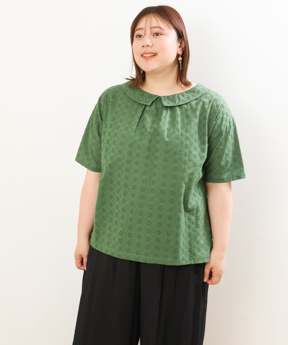 OLBGS40090 eur3(エウルキューブ) 【大きいサイズ/soso×eur3】2Wayオーバーレースブラウス グリーン(35)