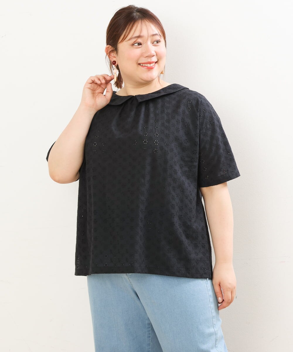 OLBGS40090 eur3(エウルキューブ) 【大きいサイズ/soso×eur3】2Wayオーバーレースブラウス ブラック(94)