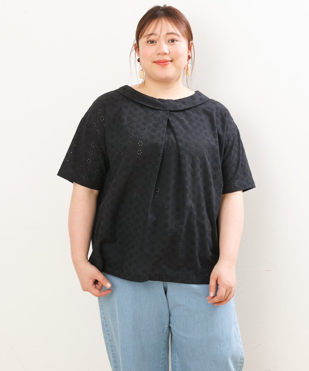 OLBGS40090 eur3(エウルキューブ) 【大きいサイズ/soso×eur3】2Wayオーバーレースブラウス ブラック(94)