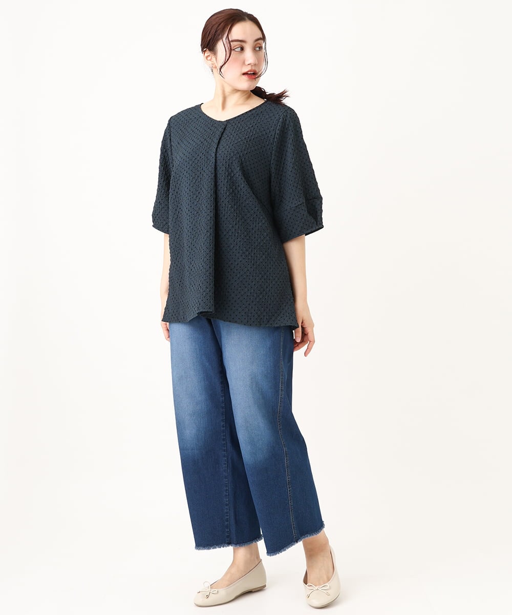 OLBGV26079 eur3(エウルキューブ) 【大きいサイズ】Vネックドットプリントブラウス グリーン(35)