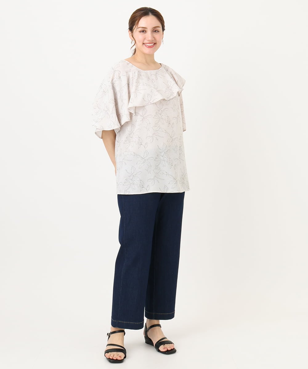 OLBHA25089 eur3(エウルキューブ) 【WEB先行販売】【大きいサイズ】フリルカラーフラワープリントブラウス ベージュ(82)