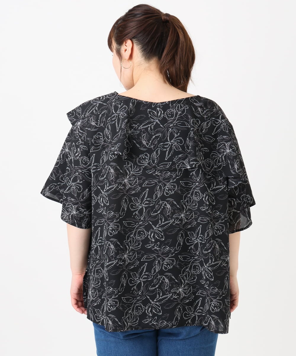 OLBHA25089 eur3(エウルキューブ) 【WEB先行販売】【大きいサイズ】フリルカラーフラワープリントブラウス ブラック(94)