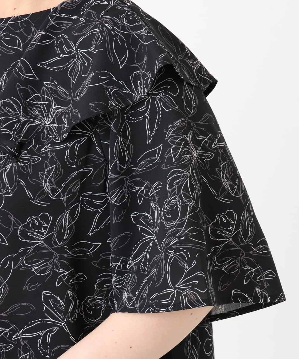 OLBHA25089 eur3(エウルキューブ) 【WEB先行販売】【大きいサイズ】フリルカラーフラワープリントブラウス ブラック(94)