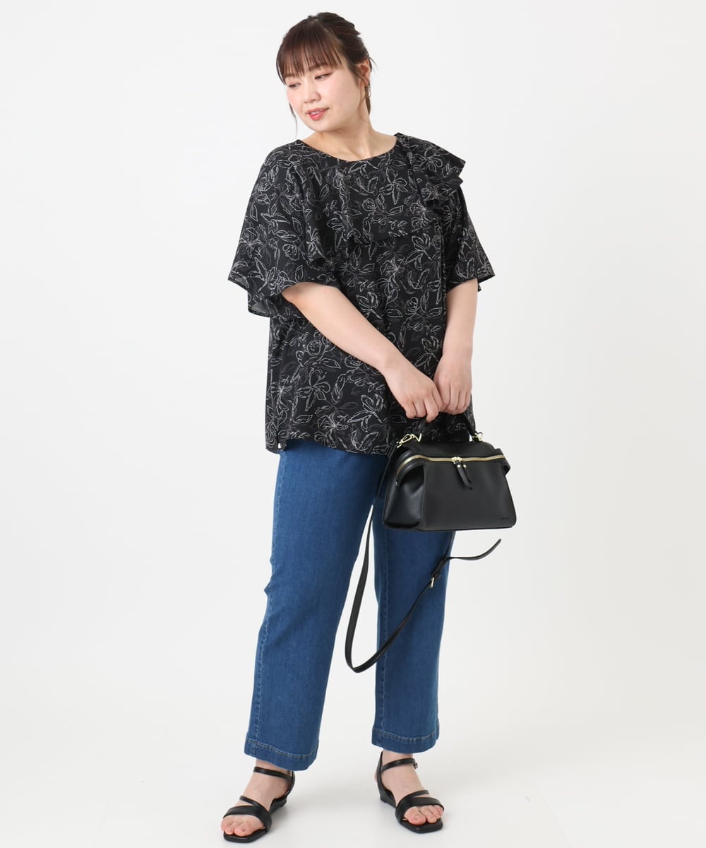 OLBHA25089 eur3(エウルキューブ) 【WEB先行販売】【大きいサイズ】フリルカラーフラワープリントブラウス ブラック(94)