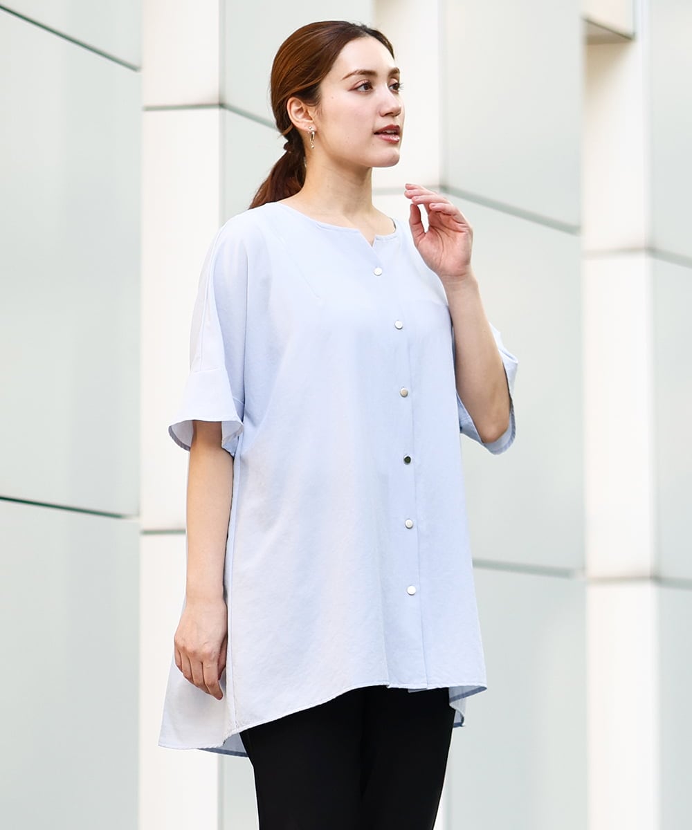 OLBHA37099 eur3(エウルキューブ) 【大きいサイズ】ヴィンテージポプリンフレアスリーブブラウス ライトブルー(50)