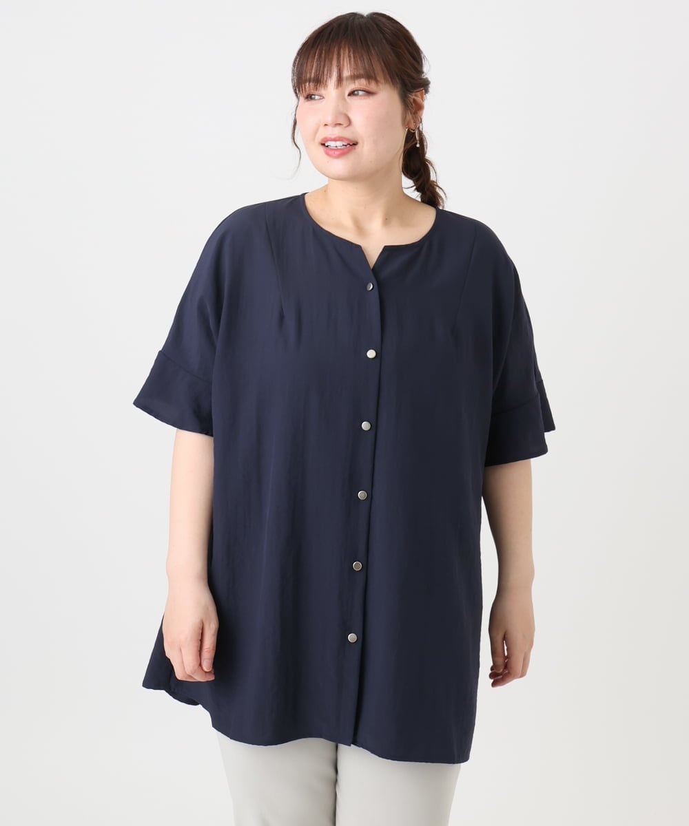 OLBHA37099 eur3(エウルキューブ) 【大きいサイズ】ヴィンテージポプリンフレアスリーブブラウス ネイビー(57)
