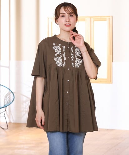 OLBHD14119 eur3 【WEB先行販売】【大きいサイズ】インド綿刺繍ギャザーブラウス