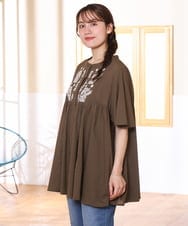 OLBHD14119 eur3(エウルキューブ) 【大きいサイズ】インド綿刺繍ギャザーブラウス ダークブラウン