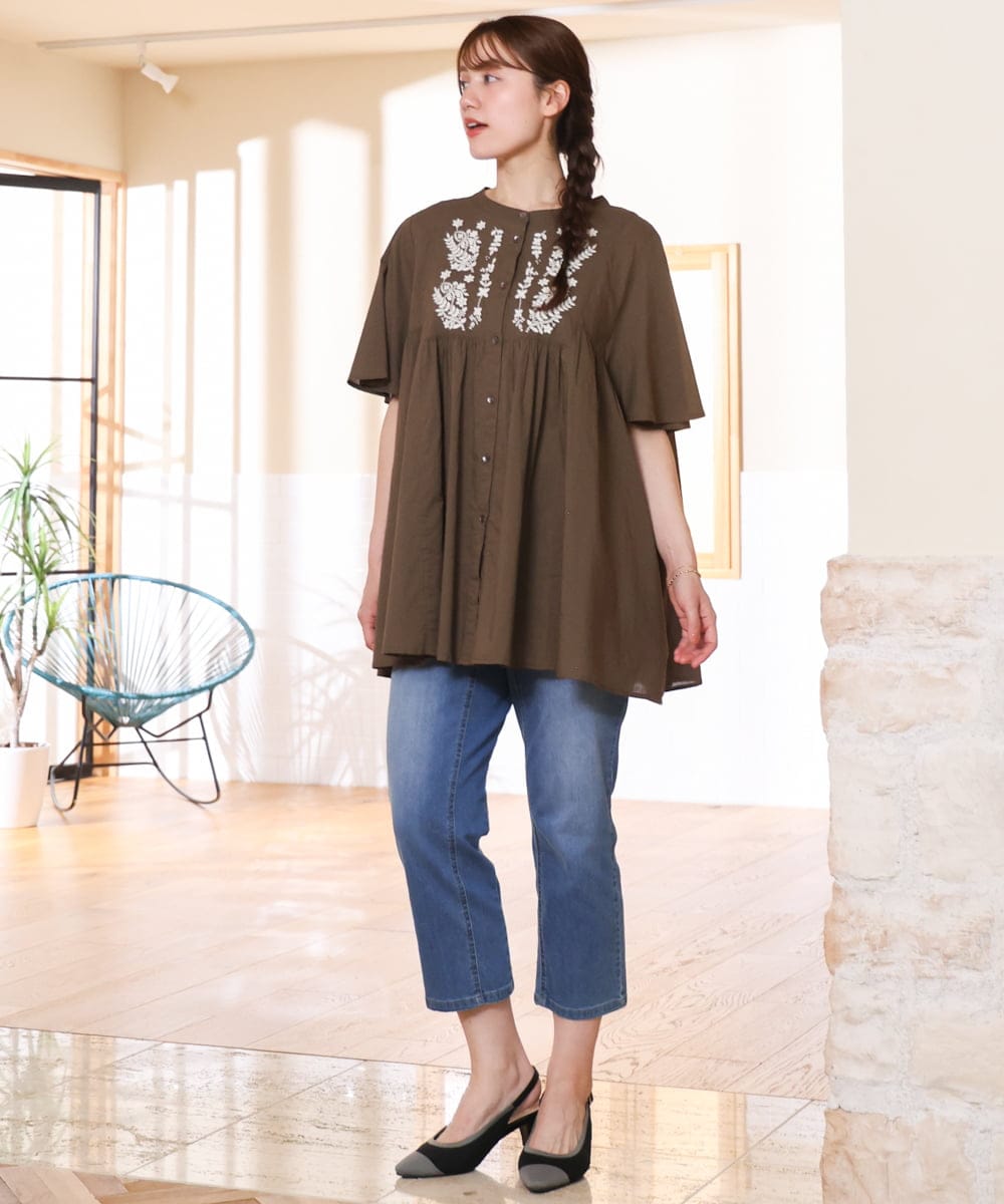 OLBHD14119 eur3(エウルキューブ) 【大きいサイズ】インド綿刺繍ギャザーブラウス ダークブラウン