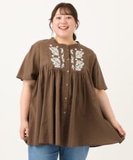 OLBHD14119 eur3(エウルキューブ) 【大きいサイズ】インド綿刺繍ギャザーブラウス ダークブラウン