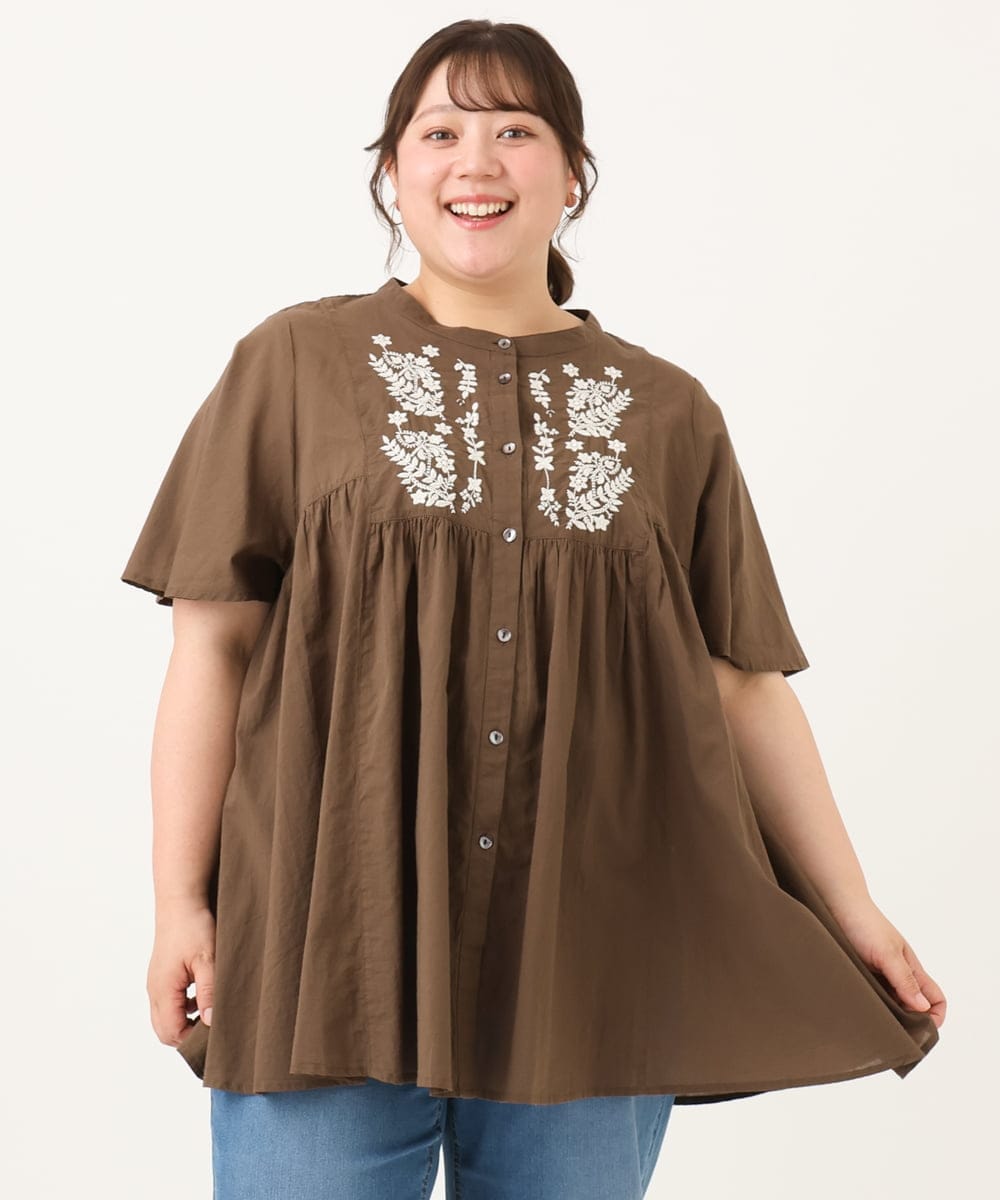 OLBHD14119 eur3(エウルキューブ) 【大きいサイズ】インド綿刺繍ギャザーブラウス ダークブラウン