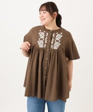 OLBHD14119 eur3(エウルキューブ) 【大きいサイズ】インド綿刺繍ギャザーブラウス ダークブラウン