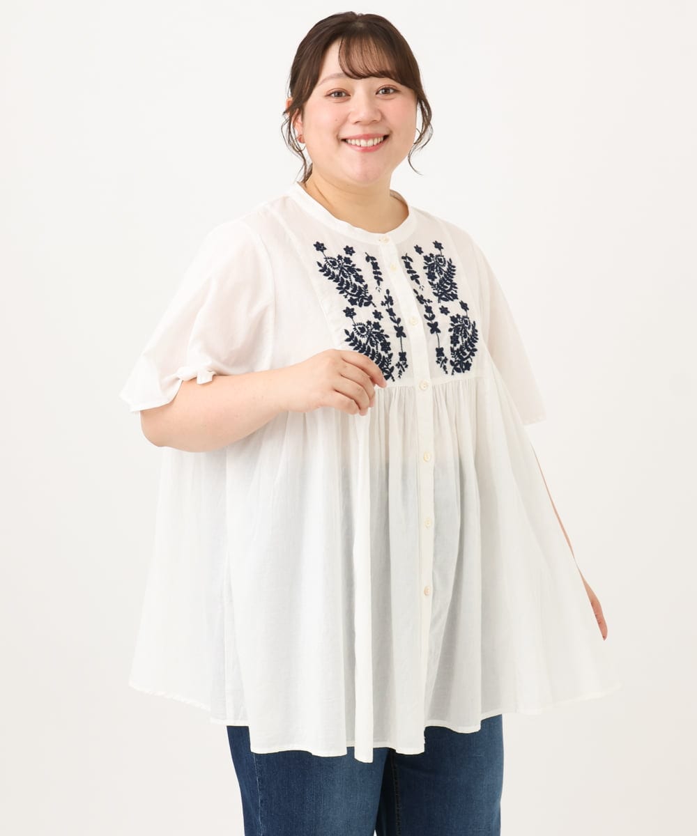 OLBHD14119 eur3(エウルキューブ) 【大きいサイズ】インド綿刺繍ギャザーブラウス ホワイト