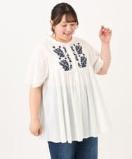 OLBHD14119 eur3(エウルキューブ) 【大きいサイズ】インド綿刺繍ギャザーブラウス ホワイト