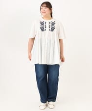 OLBHD14119 eur3(エウルキューブ) 【大きいサイズ】インド綿刺繍ギャザーブラウス ホワイト