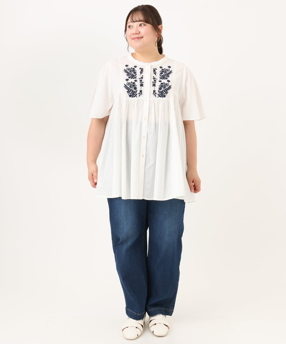 OLBHD14119 eur3(エウルキューブ) 【大きいサイズ】インド綿刺繍ギャザーブラウス ホワイト