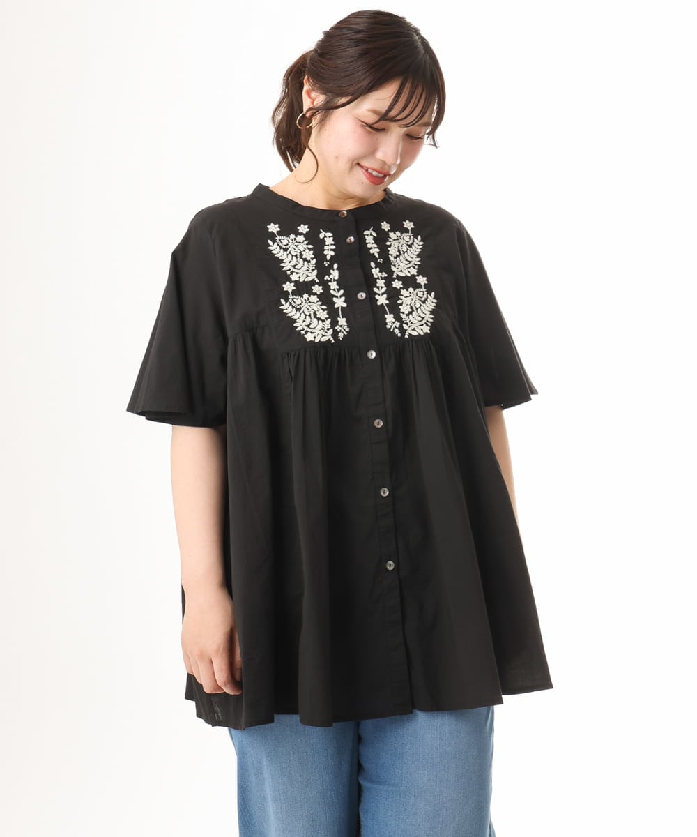 OLBHD14119 eur3(エウルキューブ) 【大きいサイズ】インド綿刺繍ギャザーブラウス ブラック