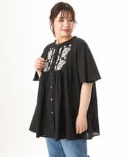 OLBHD14119 eur3(エウルキューブ) 【大きいサイズ】インド綿刺繍ギャザーブラウス ブラック