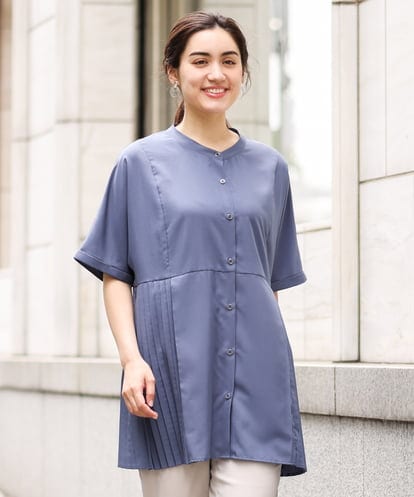 OLBHS31090 eur3 【大きいサイズ】バンドカラープリーツシャツチュニック