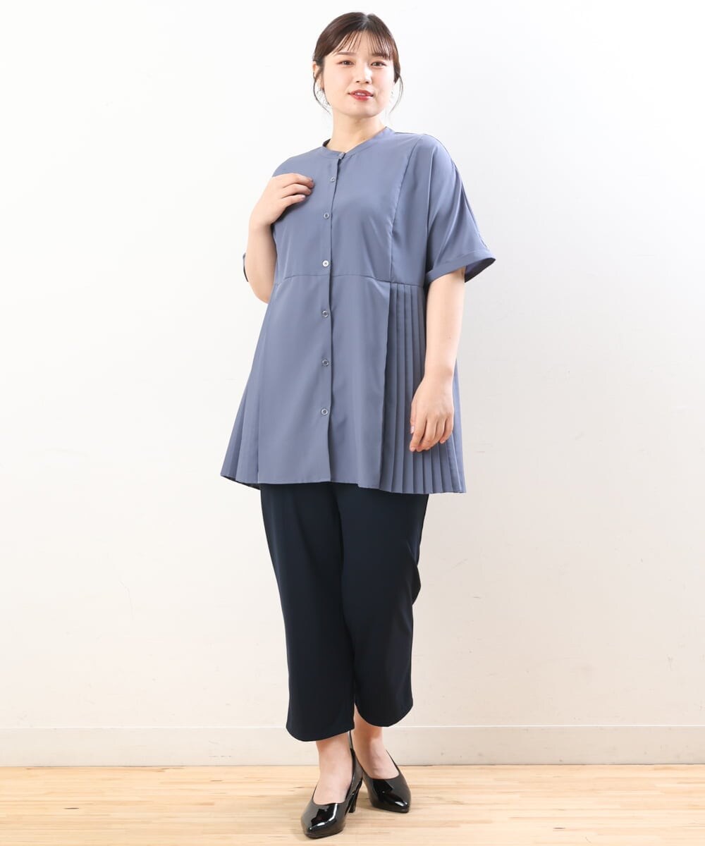 OLBHS31090 eur3(エウルキューブ) 【大きいサイズ】バンドカラープリーツシャツチュニック ブルー(55)