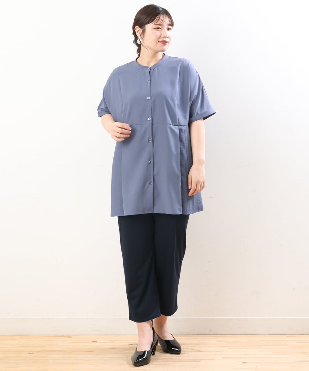 OLBHS31090 eur3(エウルキューブ) 【大きいサイズ】バンドカラープリーツシャツチュニック ブルー(55)