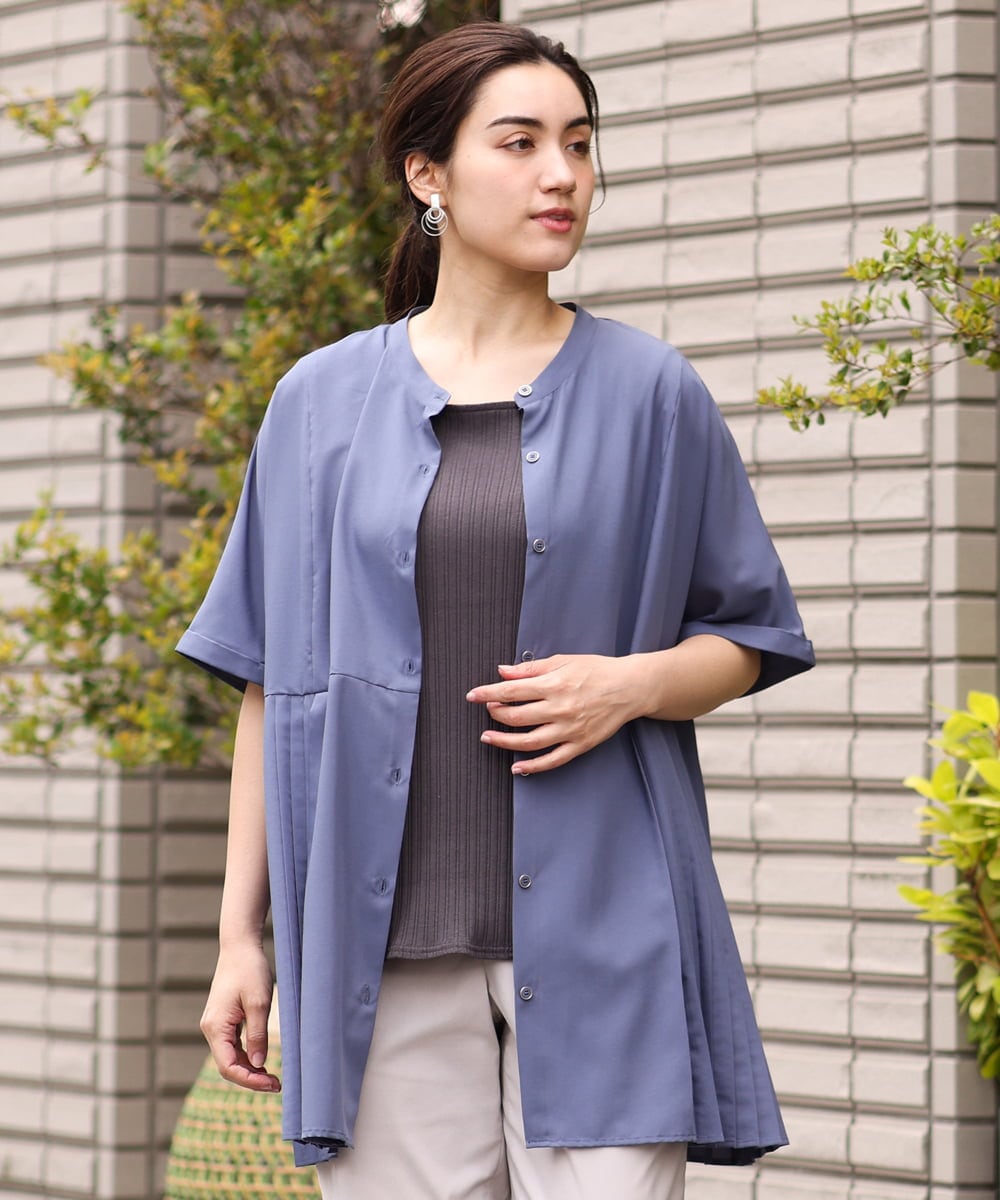 OLBHS31090 eur3(エウルキューブ) 【大きいサイズ】バンドカラープリーツシャツチュニック ブルー(55)