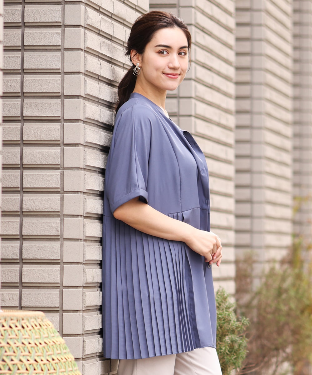 OLBHS31090 eur3(エウルキューブ) 【大きいサイズ】バンドカラープリーツシャツチュニック ブルー(55)
