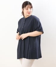 OLBHS31090 eur3(エウルキューブ) 【大きいサイズ】バンドカラープリーツシャツチュニック ネイビー(57)