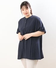 OLBHS31090 eur3(エウルキューブ) 【大きいサイズ】バンドカラープリーツシャツチュニック ネイビー(57)