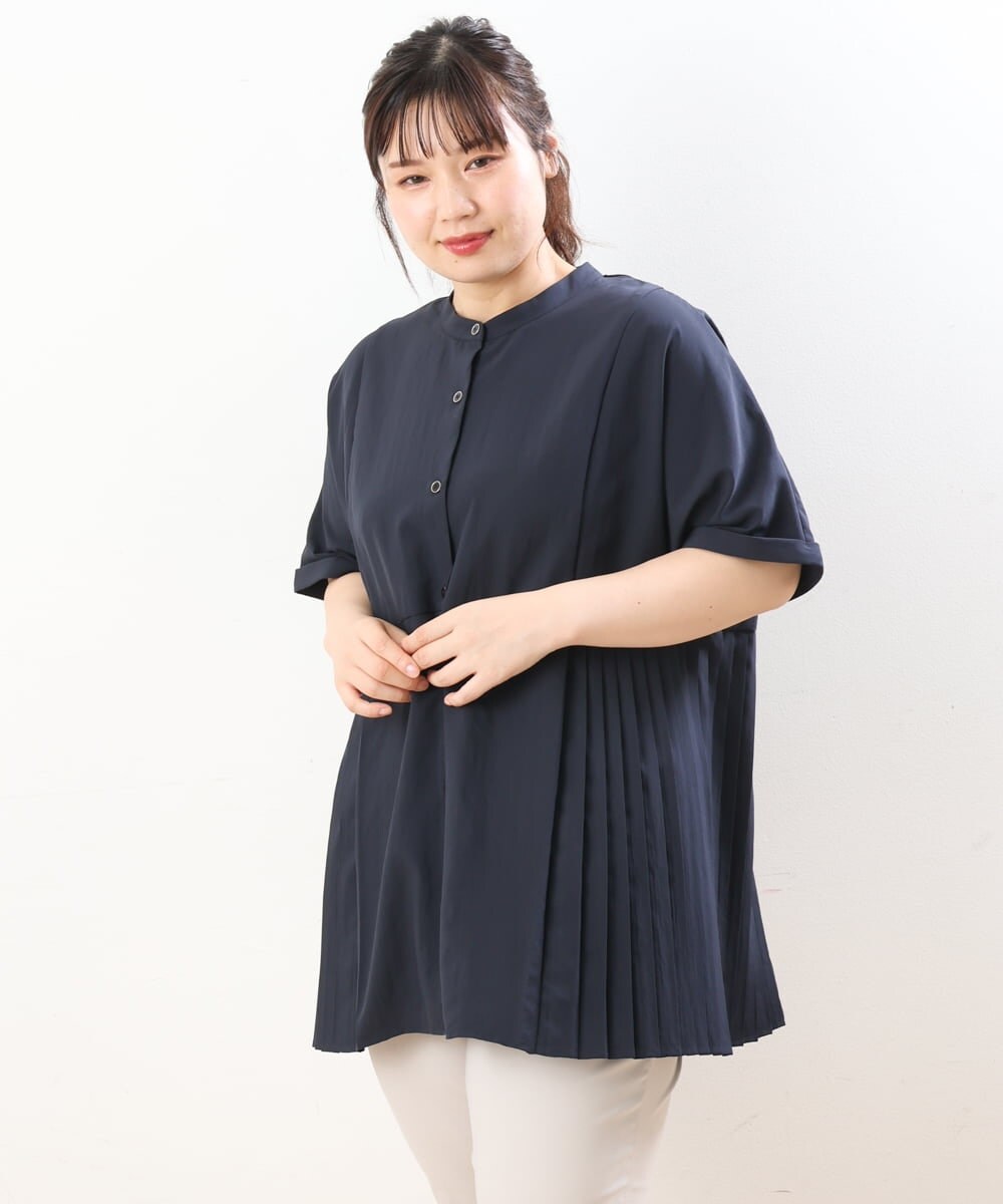 OLBHS31090 eur3(エウルキューブ) 【大きいサイズ】バンドカラープリーツシャツチュニック ネイビー(57)