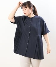 OLBHS31090 eur3(エウルキューブ) 【大きいサイズ】バンドカラープリーツシャツチュニック ネイビー(57)