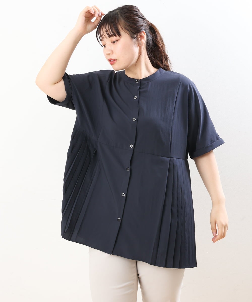 OLBHS31090 eur3(エウルキューブ) 【大きいサイズ】バンドカラープリーツシャツチュニック ネイビー(57)