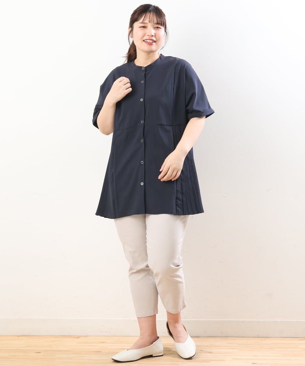 OLBHS31090 eur3(エウルキューブ) 【大きいサイズ】バンドカラープリーツシャツチュニック ネイビー(57)