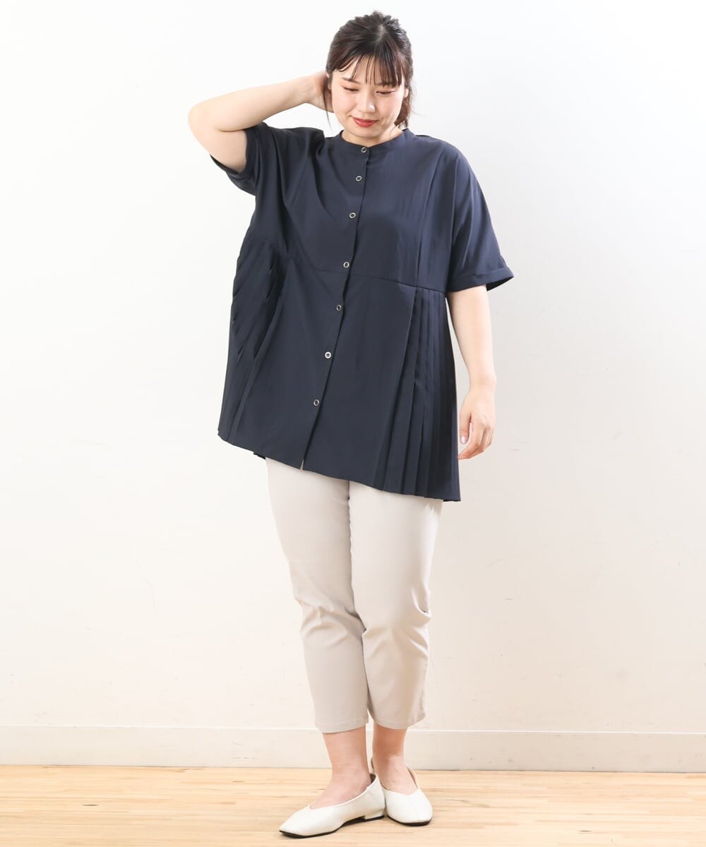 OLBHS31090 eur3(エウルキューブ) 【大きいサイズ】バンドカラープリーツシャツチュニック ネイビー(57)
